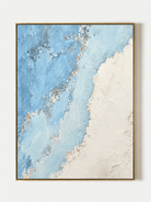Hand-painted blue and white textured abstract coastline painting with sandy accents by Leo Liang