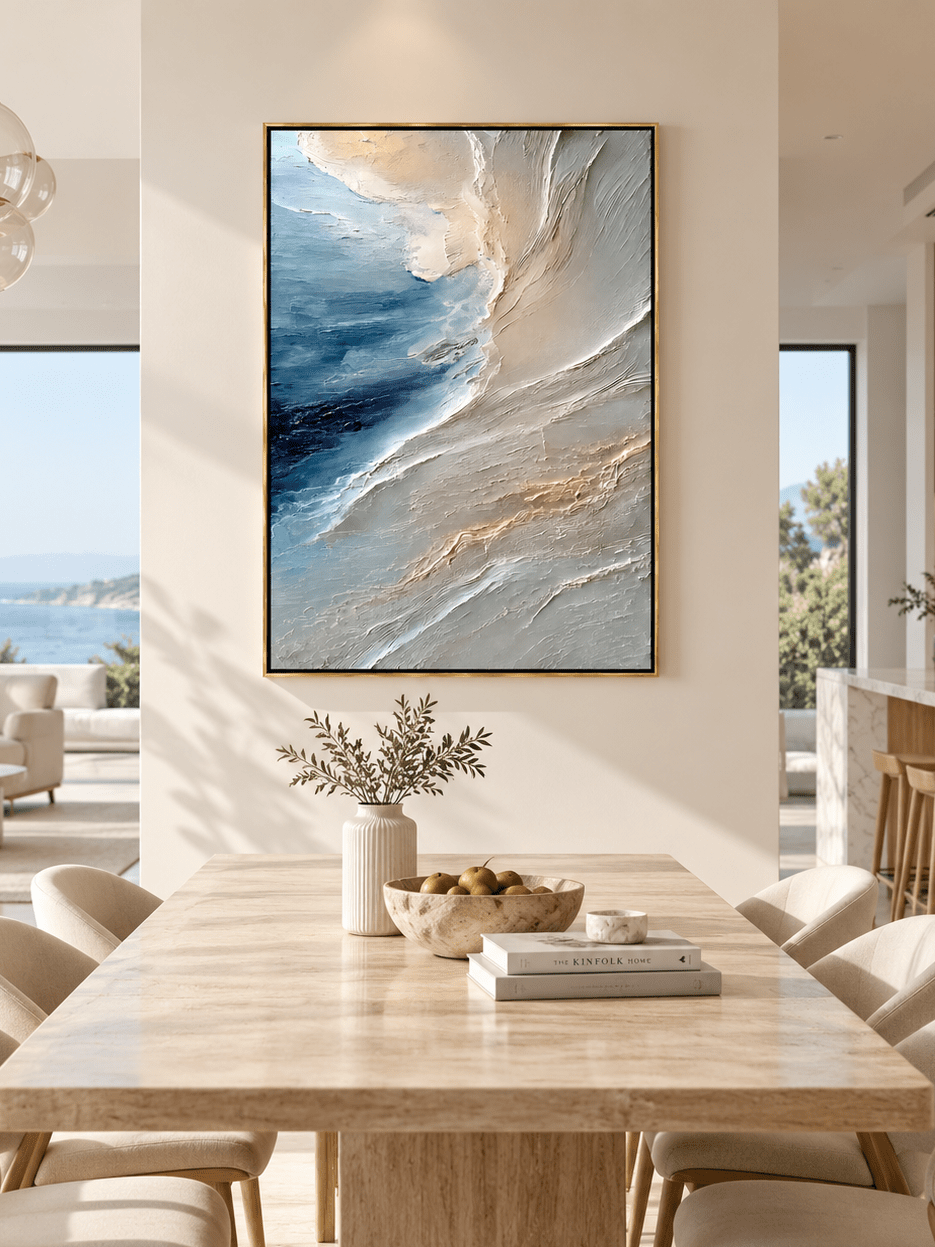 Hand-painted textured ocean wave wall art displayed in a modern organic open-plan dining room