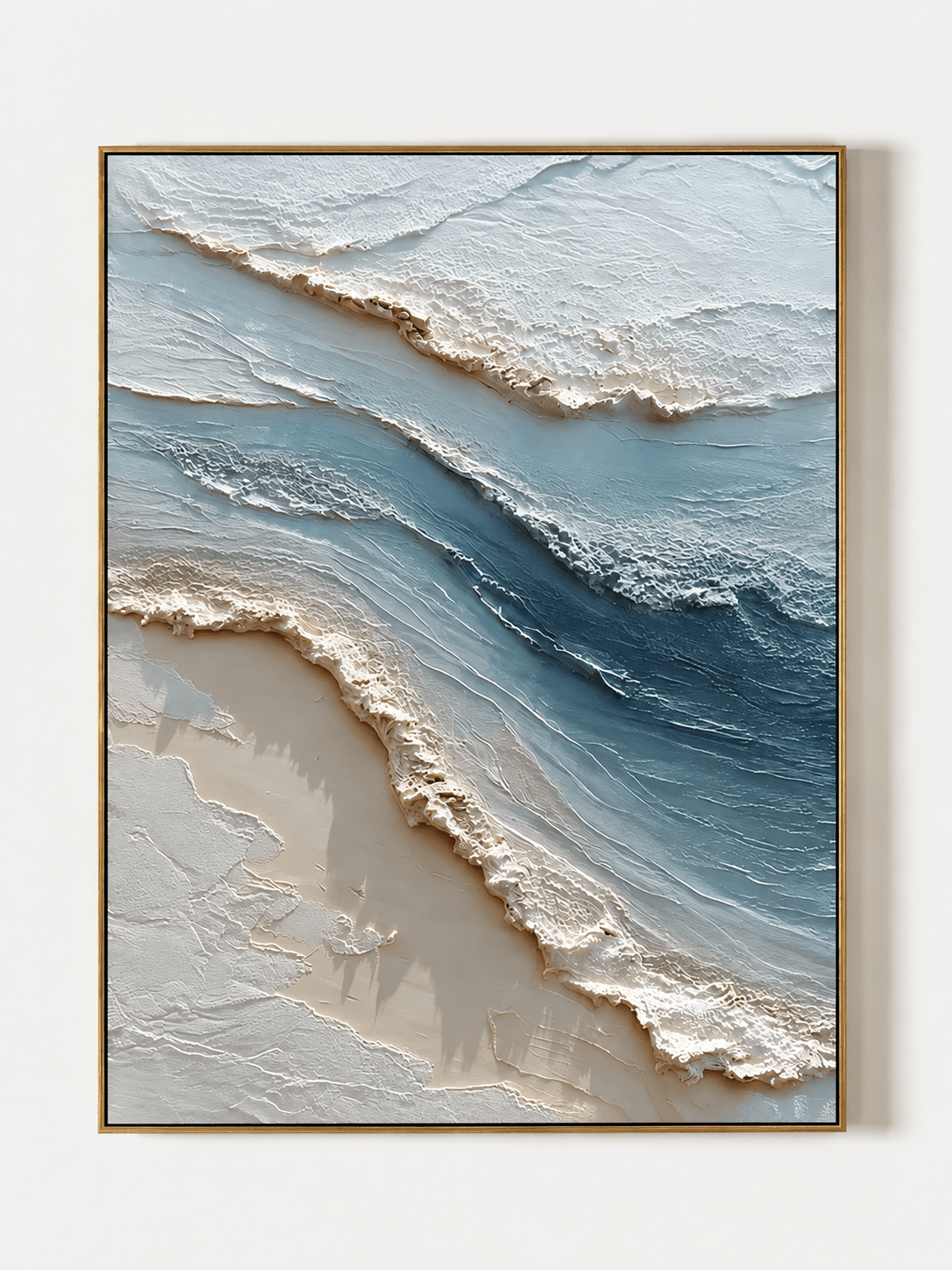 Hand-painted textured breaking ocean waves painting in soft blue, ivory and sandy beige by Leo Liang