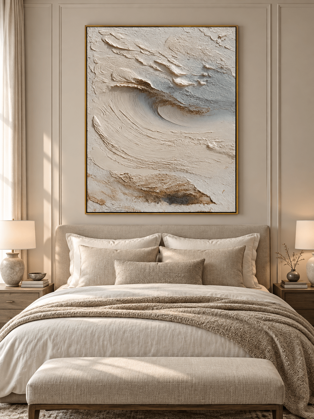 Neutral sculptural wave painting displayed above a bed in a calming Wabi Sabi bedroom