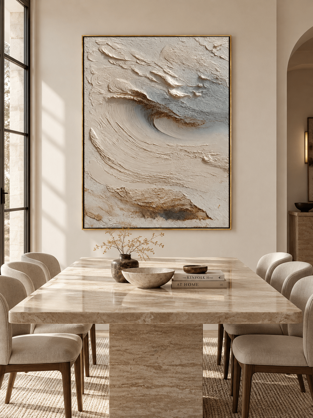 Hand-painted ivory textured coastal wall art displayed in a modern organic open-plan dining room
