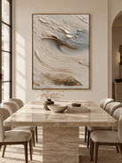 Hand-painted ivory textured coastal wall art displayed in a modern organic open-plan dining room