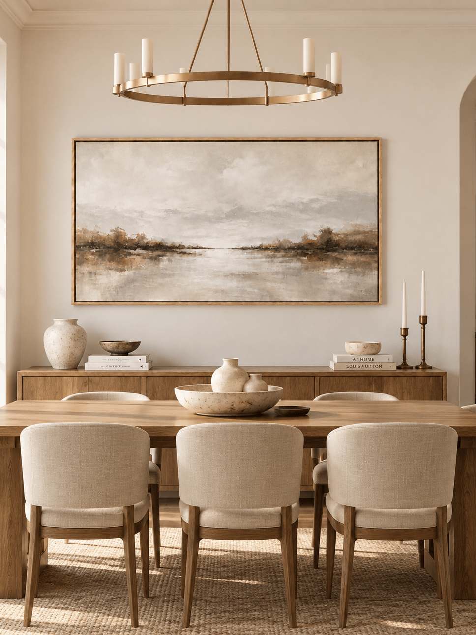 Hand-painted neutral landscape wall art with calm lake reflections displayed in an open-plan dining room