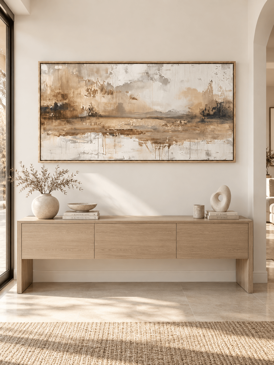 Large horizontal earth tone abstract landscape painting displayed above a long console in a contemporary entryway