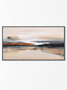 Hand-painted panoramic rust and charcoal abstract landscape in a slim black frame by Evelyn Li