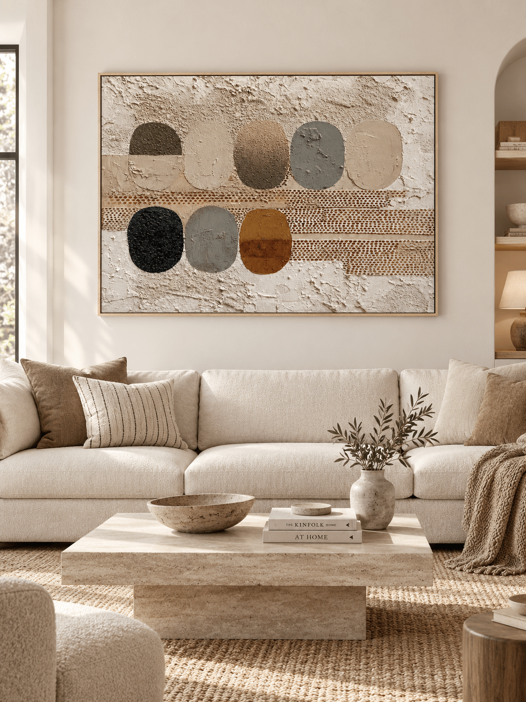 Large earth tone geometric abstract wall art displayed above a sofa in a warm modern organic living room