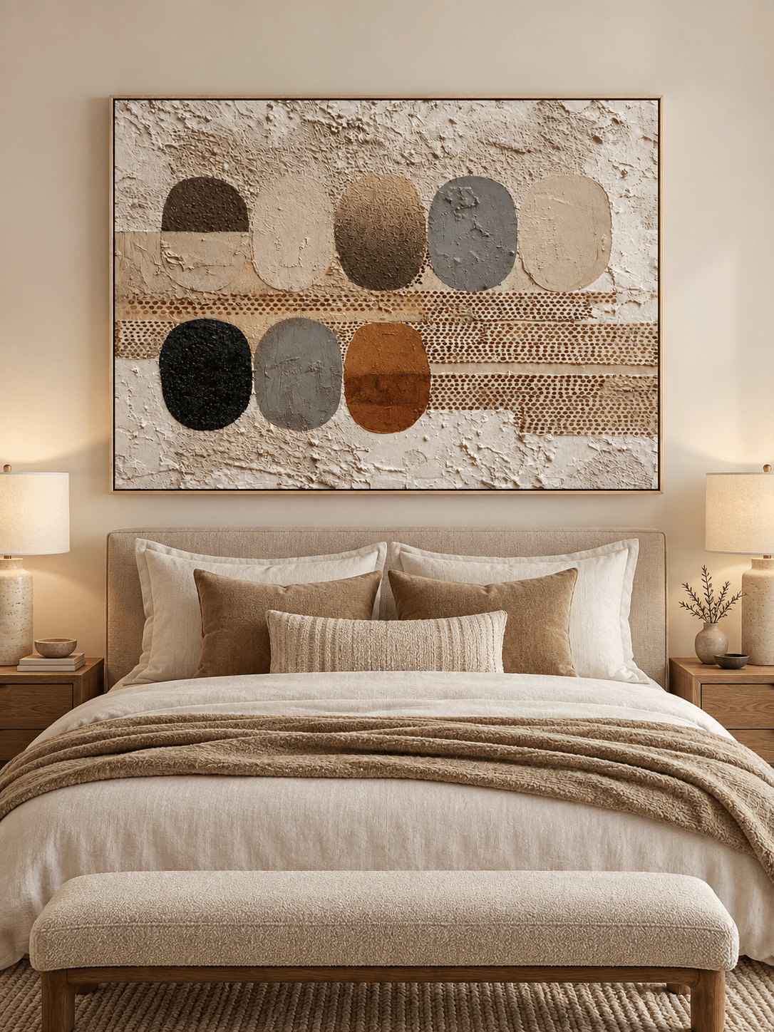 Neutral textured oval abstract painting displayed above a bed in a contemporary minimalist bedroom