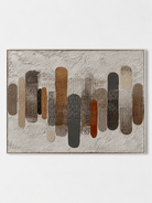 Hand-painted textured geometric abstract painting with earth-tone vertical forms and dotted details by Eliot Vermeer