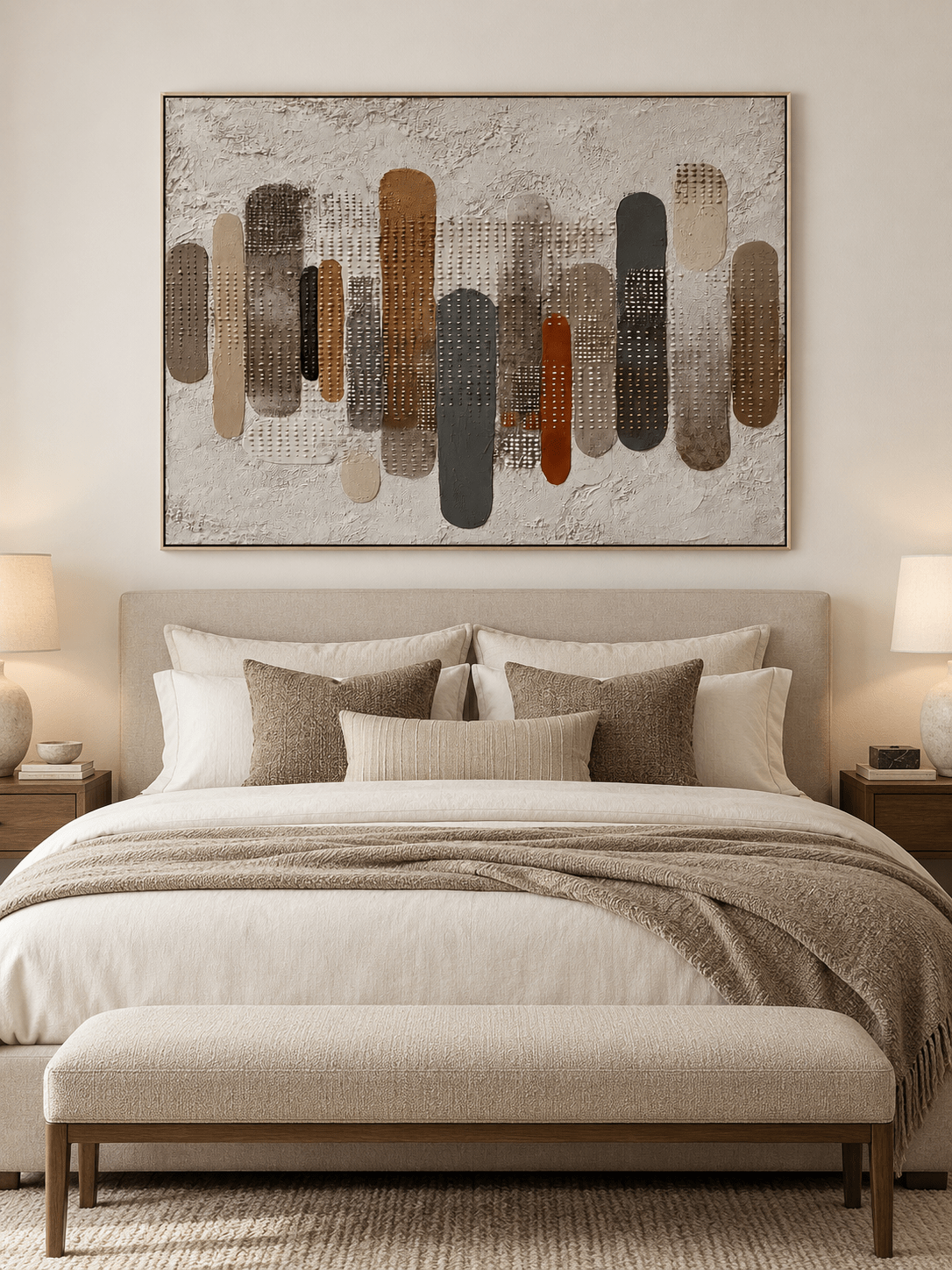 Neutral abstract columns painting in beige, brown and charcoal displayed above a bed in a minimalist bedroom