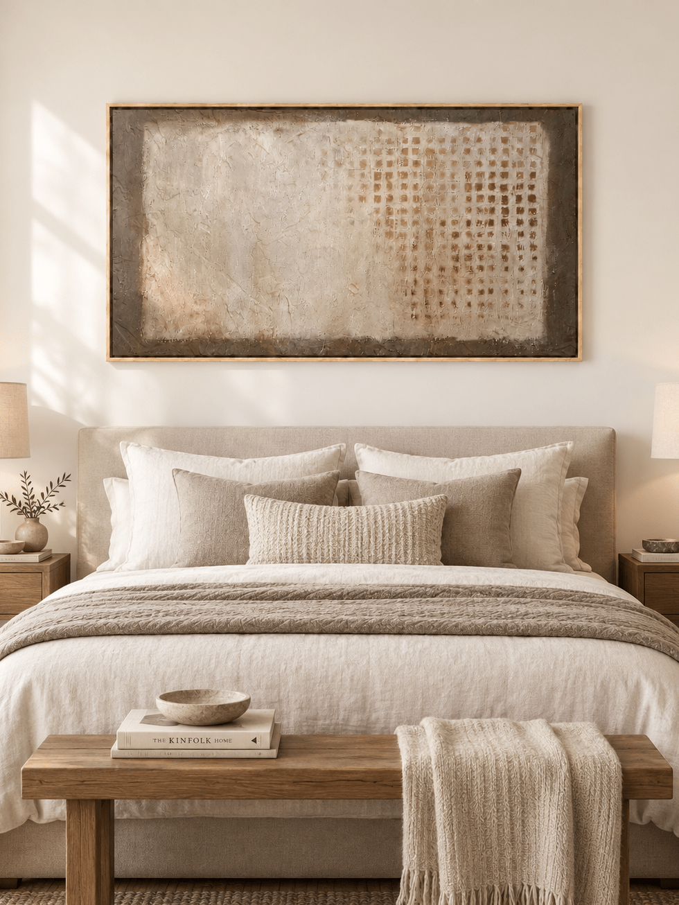 Wabi Sabi faded grid painting in ivory and taupe displayed above a bed in a minimalist bedroom