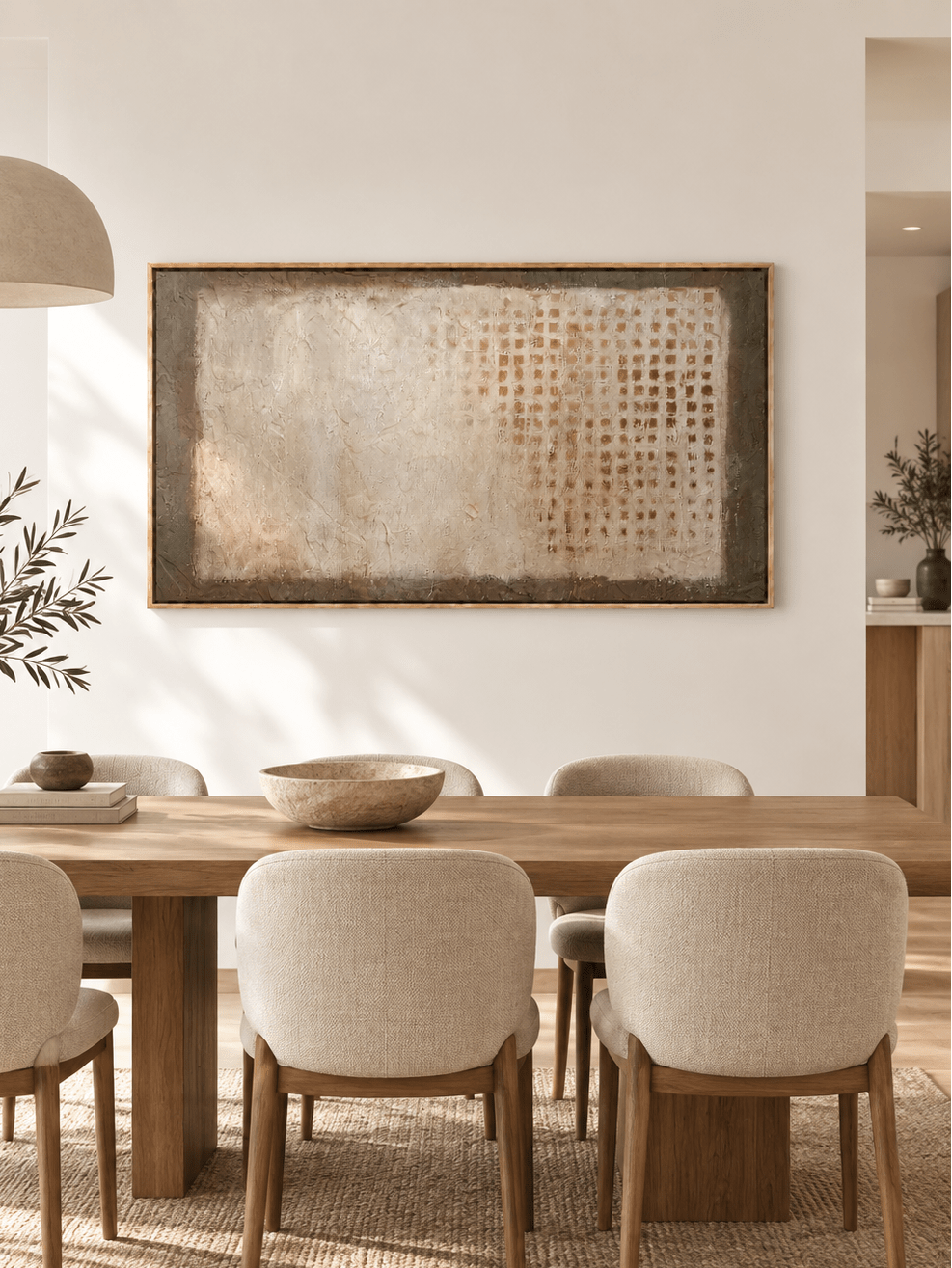 Hand-painted beige textured abstract wall art with weathered geometric marks displayed in an open-plan dining room