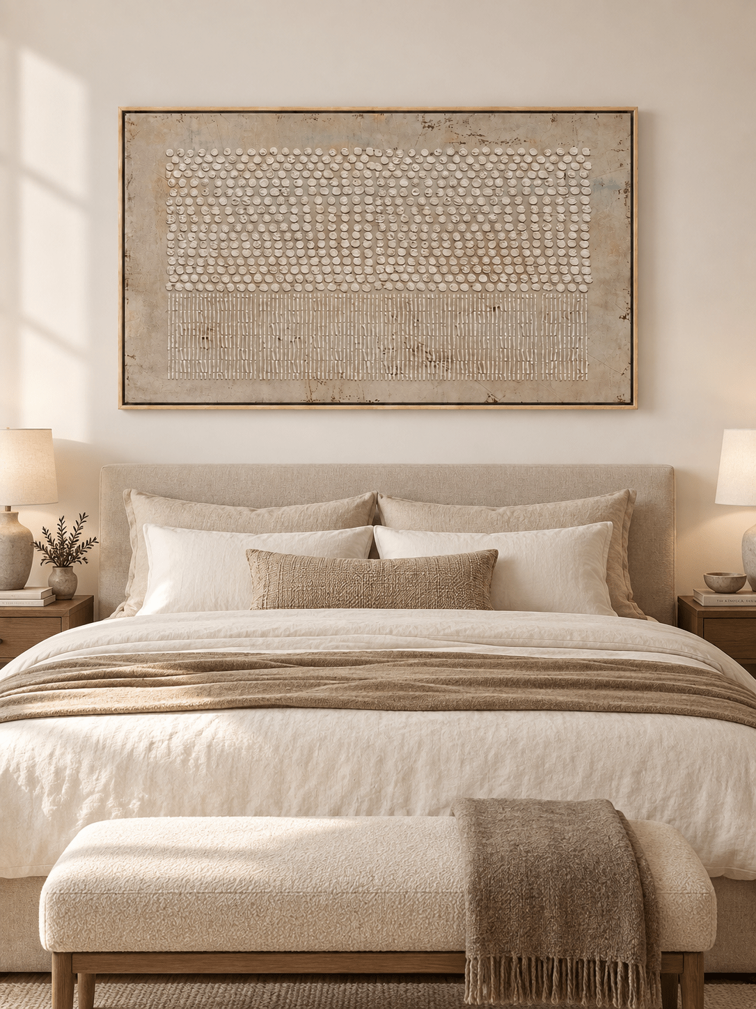 Minimalist dot and line abstract painting displayed above a bed in a warm neutral contemporary bedroom