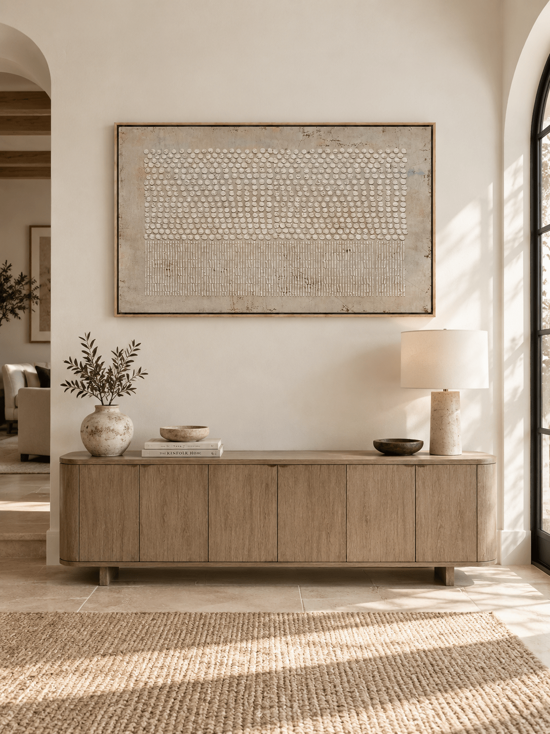 Horizontal neutral abstract painting with raised dot texture displayed above a console in a minimalist entryway
