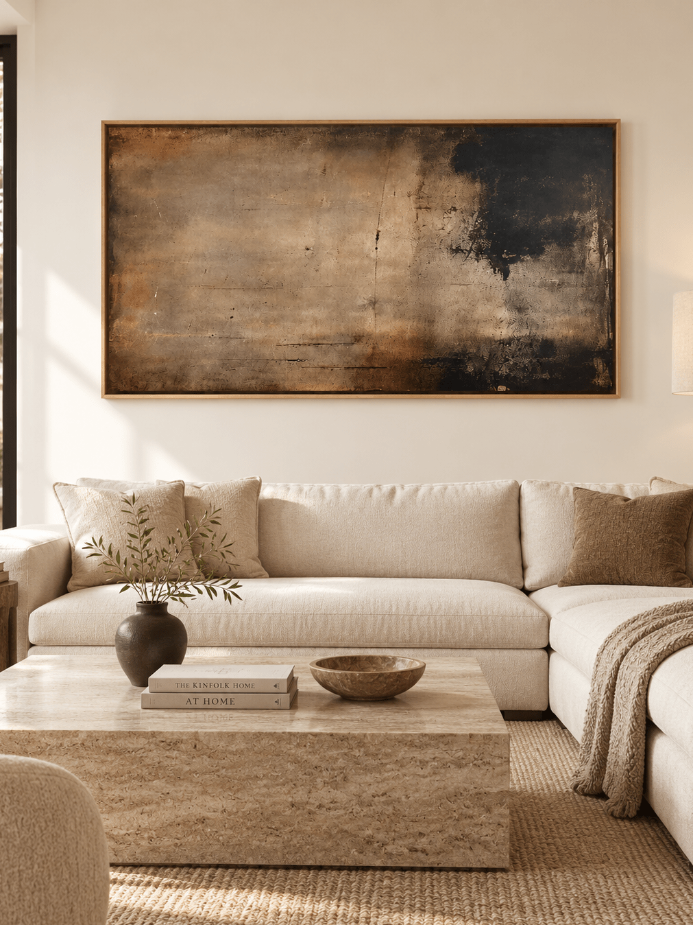 Large brown and black abstract wall art displayed above a cream sofa in a contemporary living room