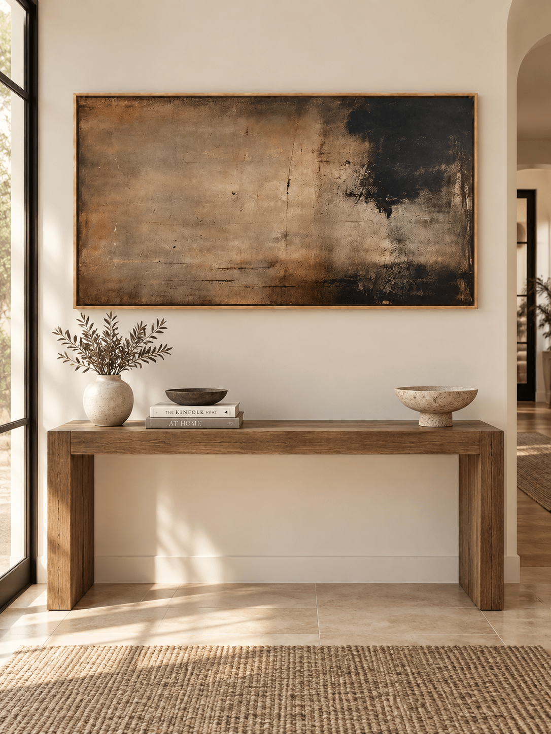 Large horizontal charcoal and brown abstract painting displayed above a console in a contemporary entryway