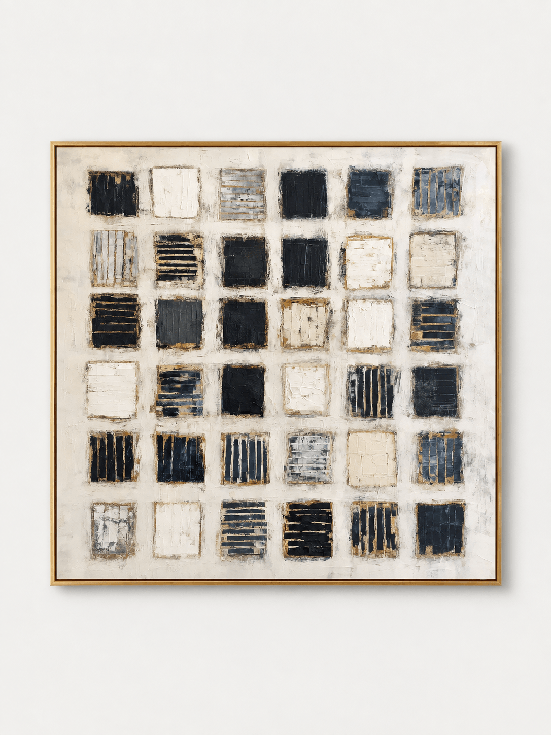 Hand-painted black and white textured square grid painting with gray and golden-brown details by Eliot Vermeer