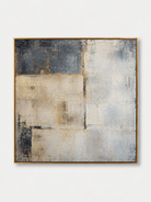 Hand-painted blue gray textured geometric abstract painting with ivory color blocks and golden-brown accents by Akari Kobayashi