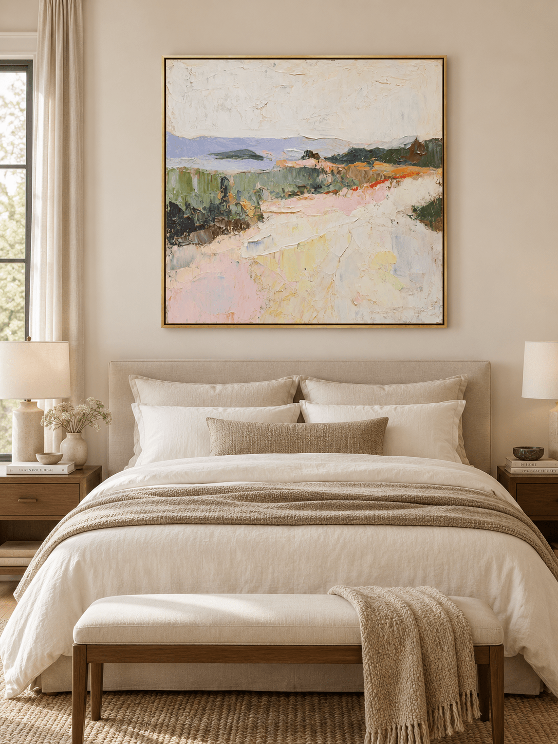Soft pink and sage green meadow painting displayed above a bed in a warm minimalist bedroom
