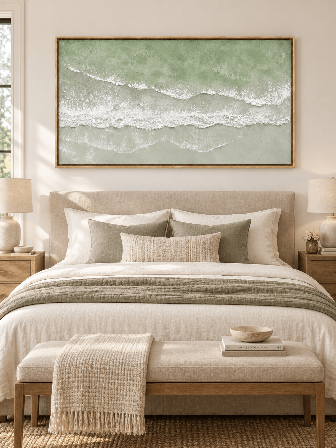 Textured green coastal seascape with white ocean waves displayed above a bed in a neutral minimalist bedroom