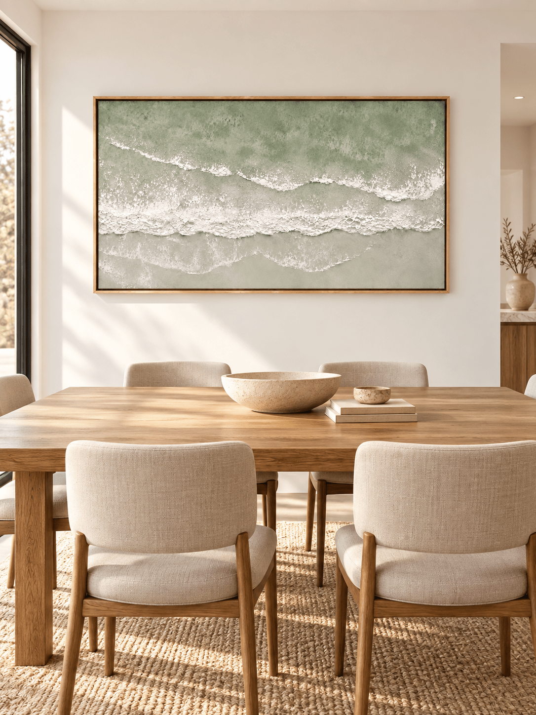 Hand-painted sage green ocean wall art displayed above a sideboard in a contemporary open-plan dining room