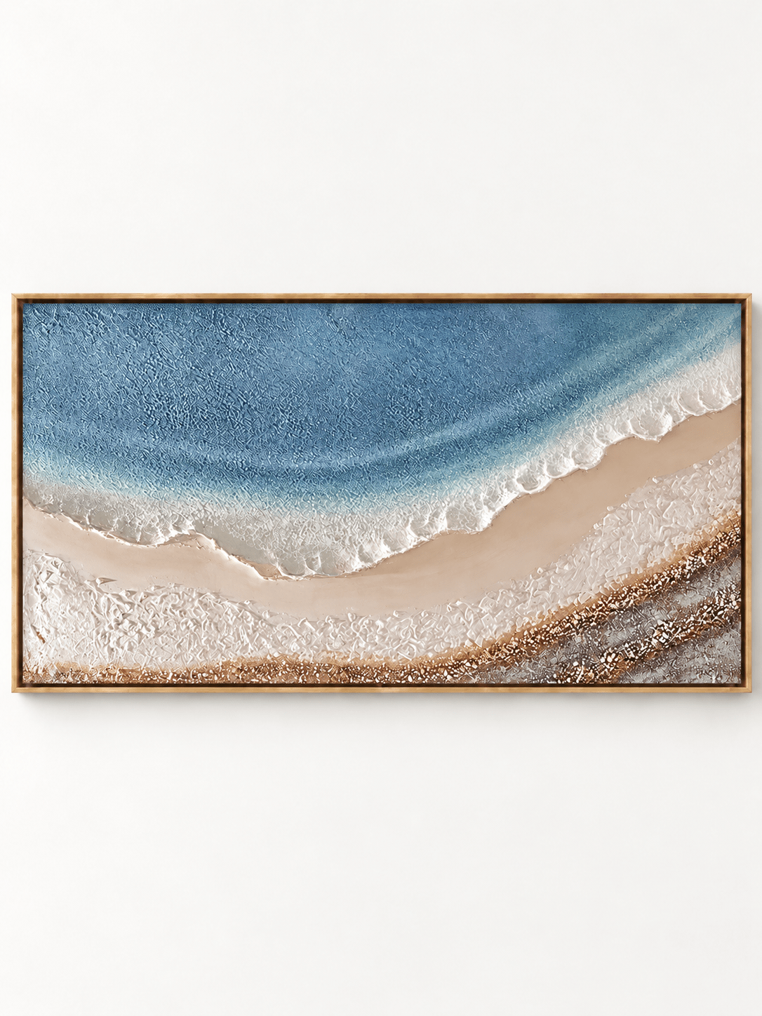 Hand-painted blue ocean shoreline painting with textured white seafoam, warm beige sand and an aerial coastal view by Leo Liang