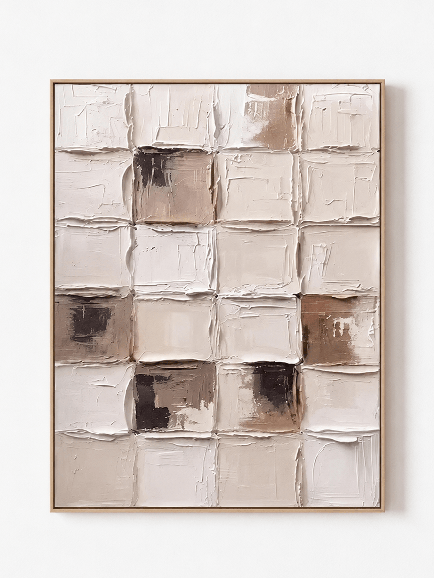 Hand-painted neutral textured geometric wall art in ivory, cream, taupe and charcoal by Eliot Vermeer