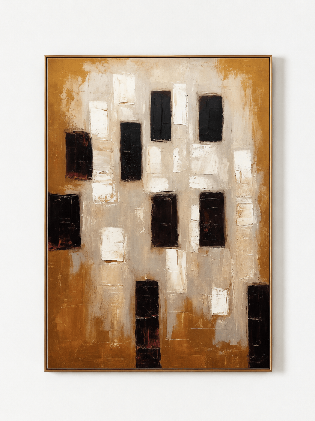 Hand-painted textured geometric wall art in ochre, ivory, dark brown and black by Eliot Vermeer