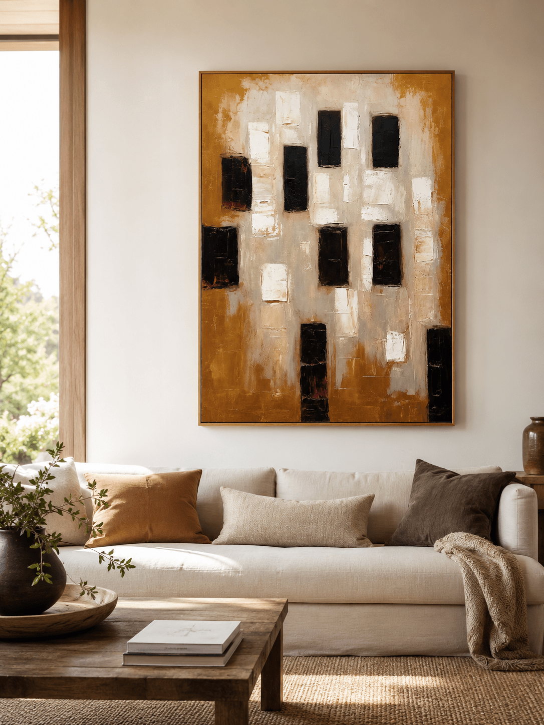 Large earth tone geometric wall art displayed above a beige sofa in an organic modern living room