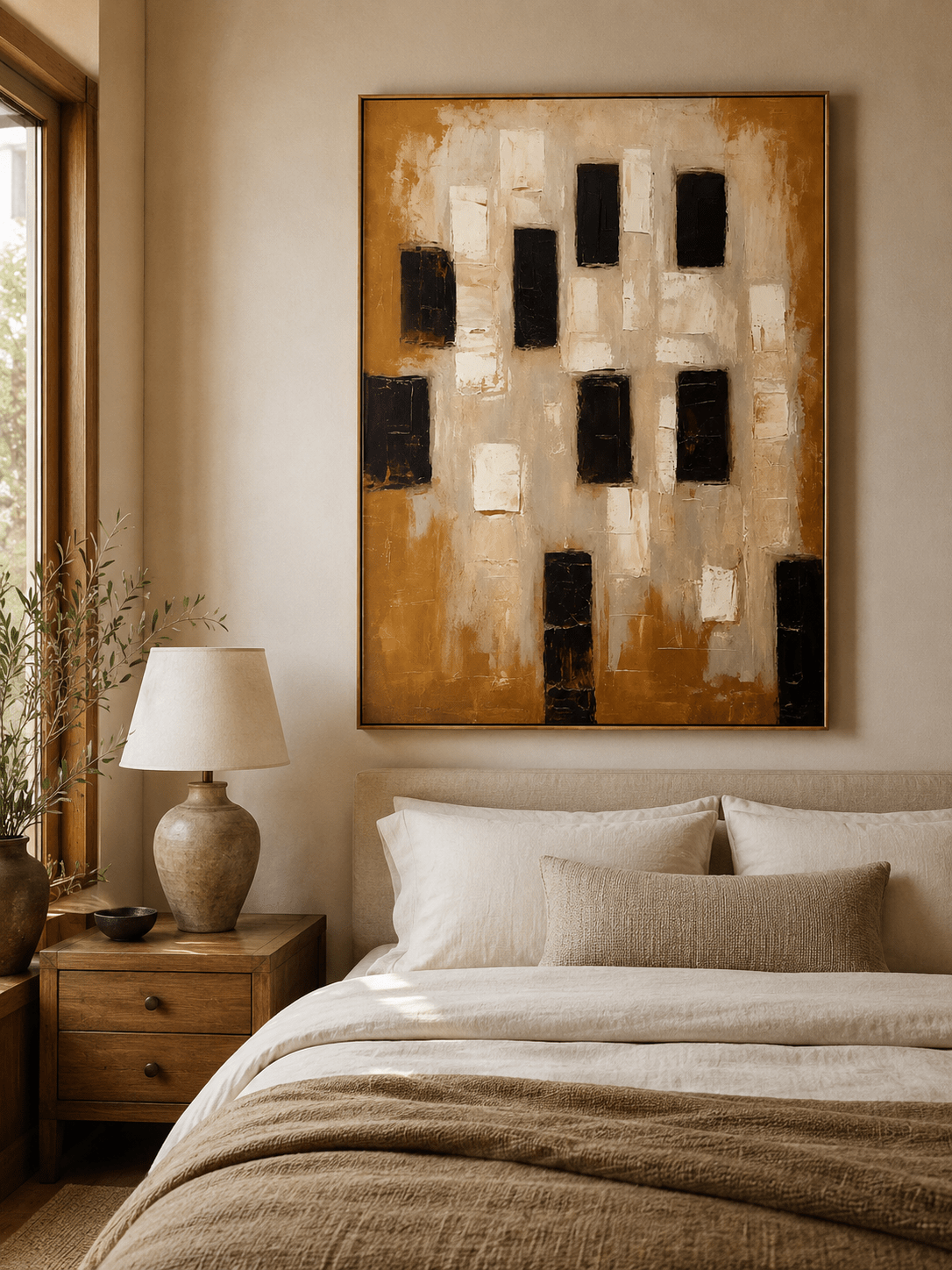 Brown and beige textured abstract painting displayed in a warm neutral bedroom with natural wood furniture