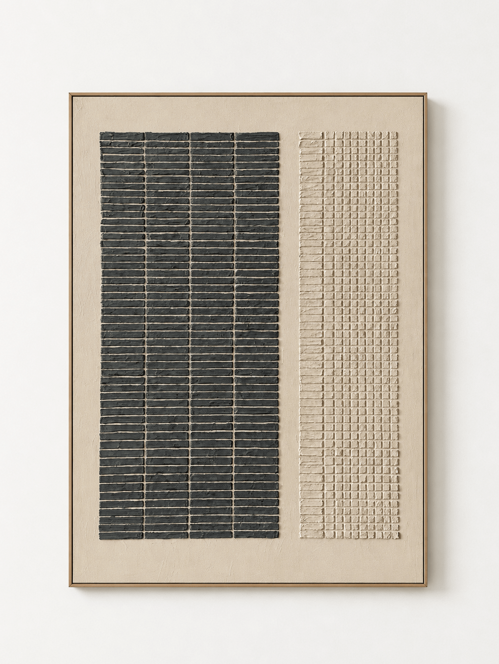 Hand-painted black and beige textured geometric wall art with ivory relief grid by Eliot Vermeer