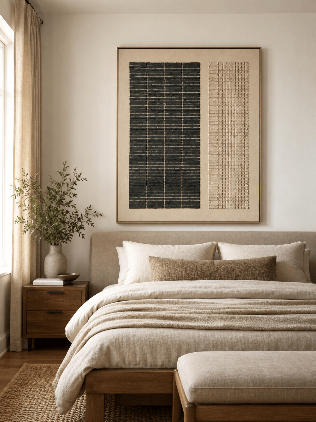 Minimalist cream and charcoal textured wall art displayed in a warm neutral modern bedroom