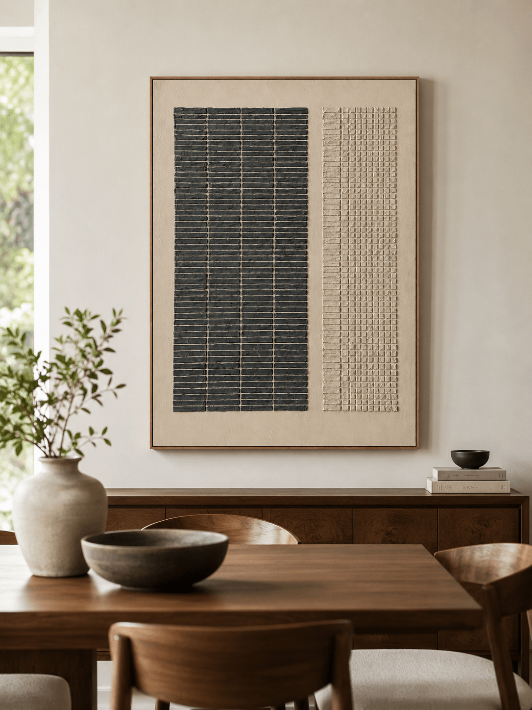 Large neutral geometric relief wall art displayed in an organic modern open dining room with wood furniture