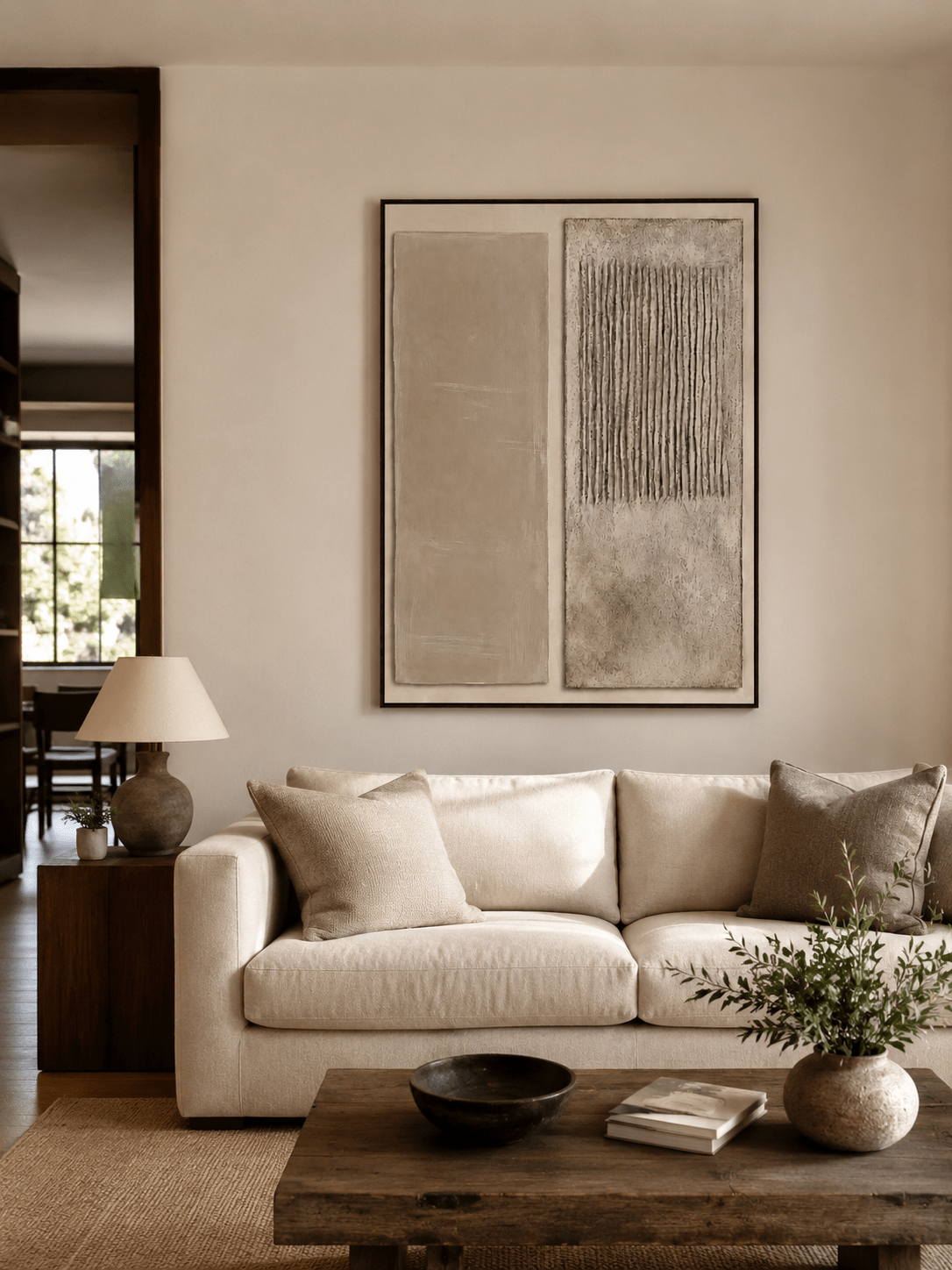 Large neutral textured wall art displayed above a beige sofa in a minimalist organic modern living room