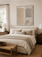 Ivory and beige wabi-sabi textured abstract painting displayed in a warm neutral modern bedroom