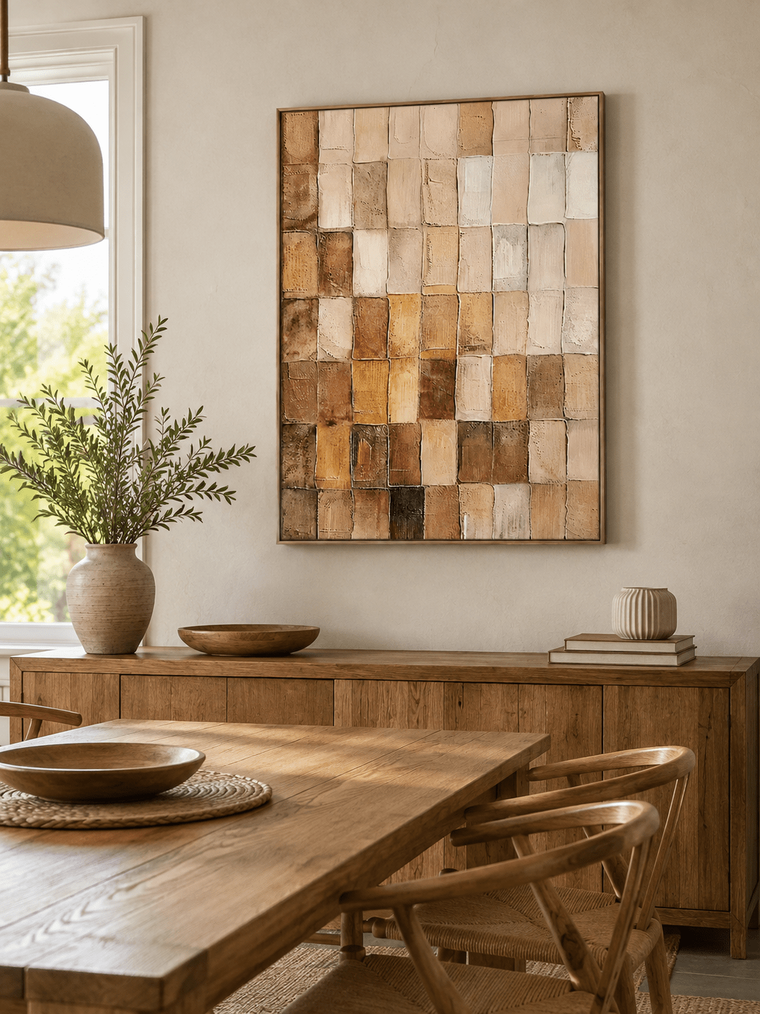 Large textured earth tone wall art displayed in an organic modern open dining room with wood and stone furniture