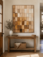 Vertical beige and brown geometric wall art displayed above an entryway console in a wabi-sabi interior
