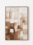 Hand-painted beige and brown textured geometric wall art with ivory earth-tone blocks by Eliot Vermeer on a white background