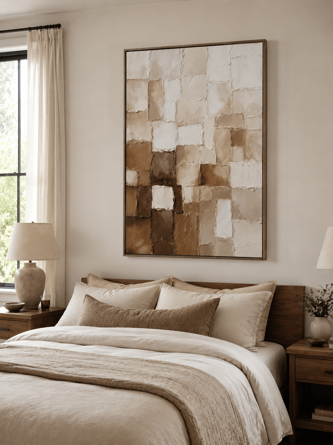 Warm neutral textured abstract painting in beige and brown displayed above the bed in a modern bedroom