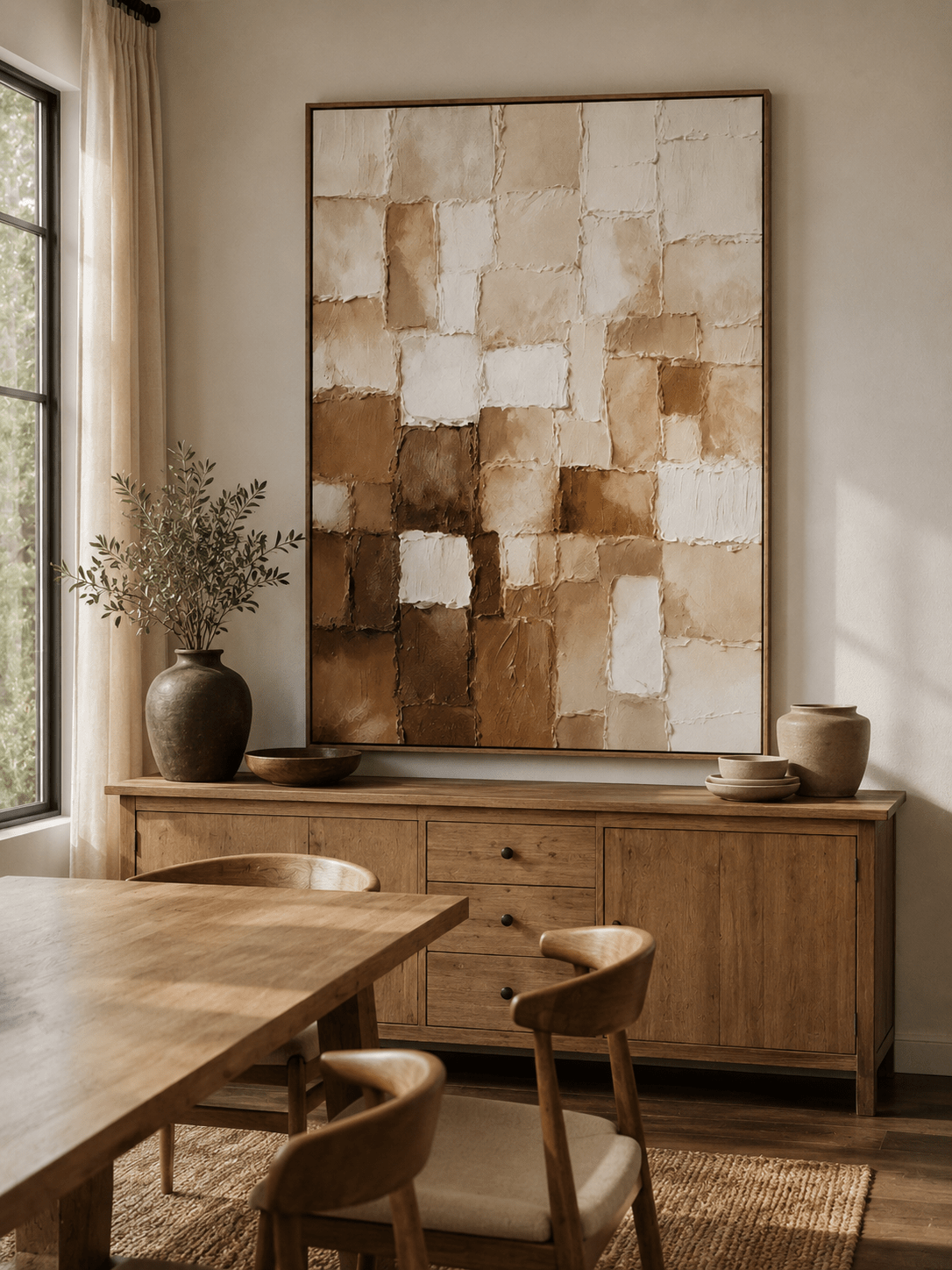 Large earth tone geometric wall art displayed in an organic modern open dining room with wood and stone furniture