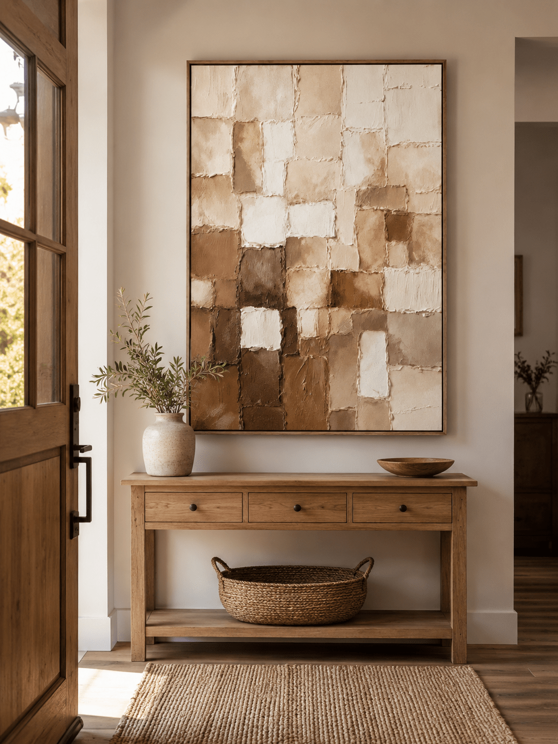 Vertical beige and brown wabi-sabi wall art displayed above an entryway console in a neutral modern interior