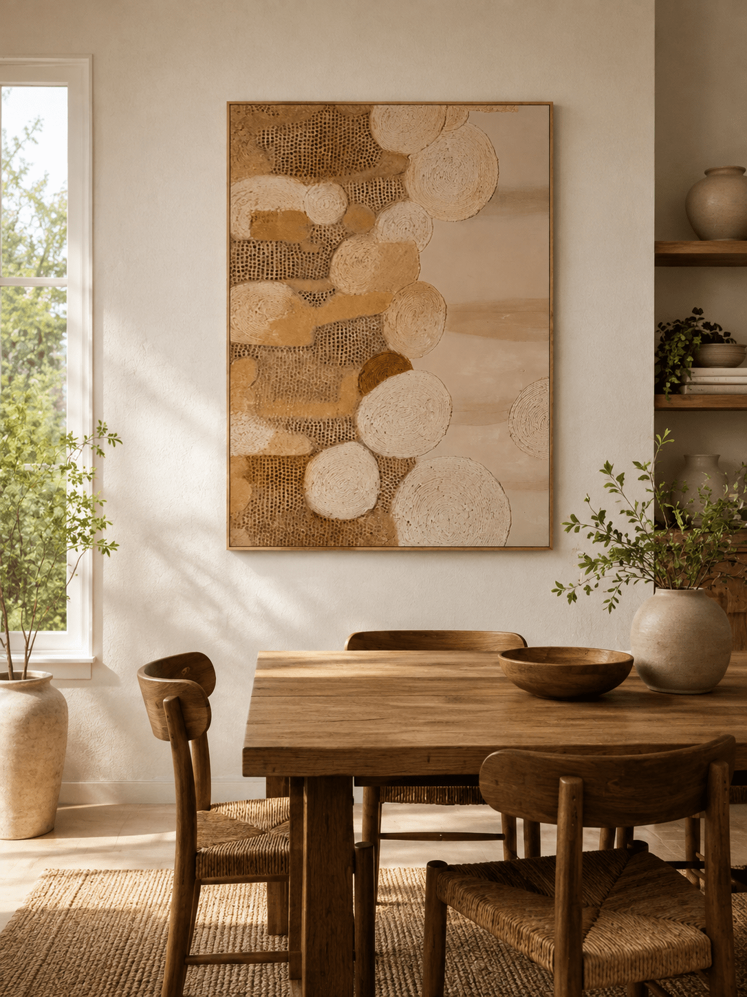 Large earth tone textured abstract wall art displayed in an organic modern open dining room with natural wood furniture