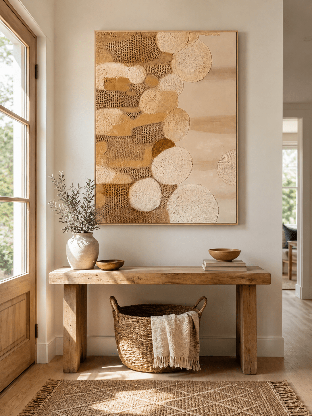 Vertical beige textured wall art with organic circular forms displayed above an entryway console in a Japandi interior