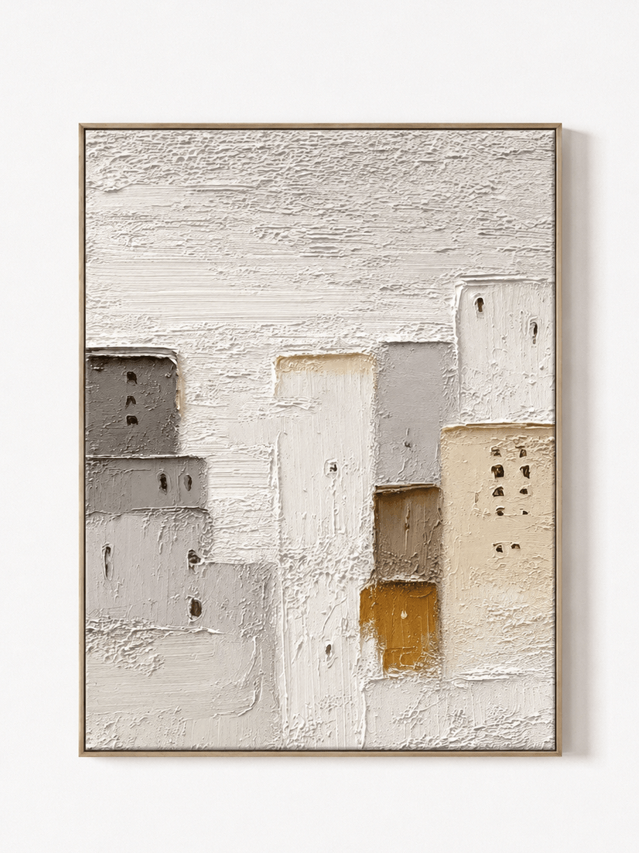 Hand-painted textured architectural wall art in ivory, cream, soft gray and ochre by Eliot Vermeer on a white background