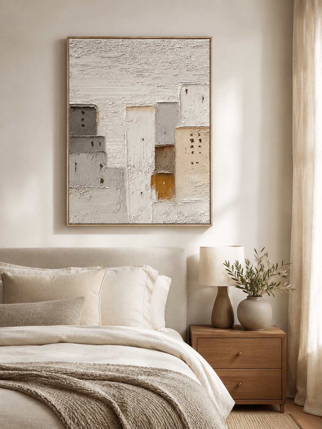 Ivory and cream abstract cityscape painting displayed above the bed in a warm minimalist bedroom