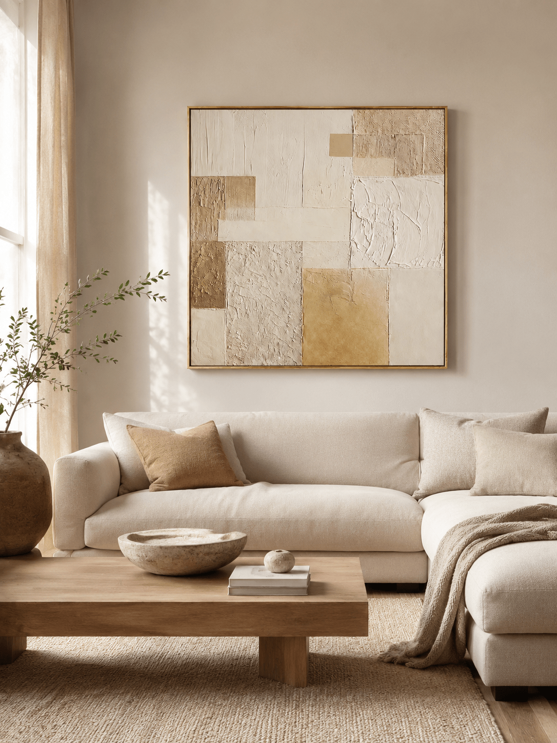 Large neutral textured geometric wall art displayed above a beige sofa in an organic modern living room