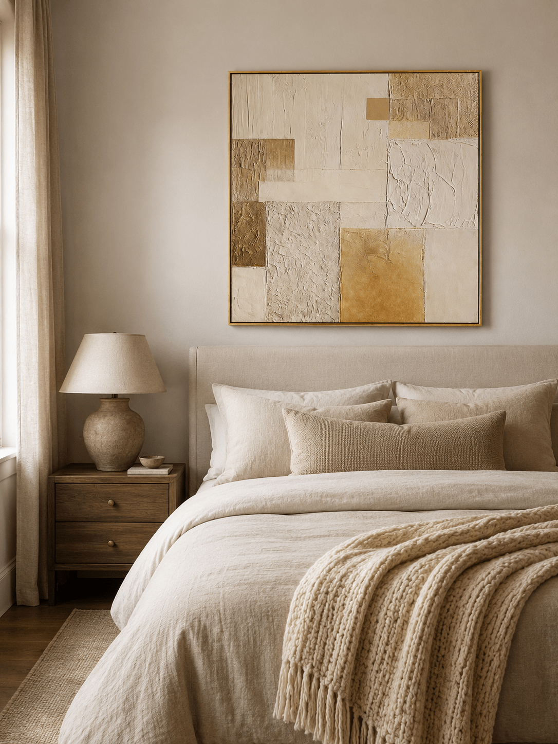 Cream and beige textured abstract painting displayed above the bed in a warm minimalist bedroom