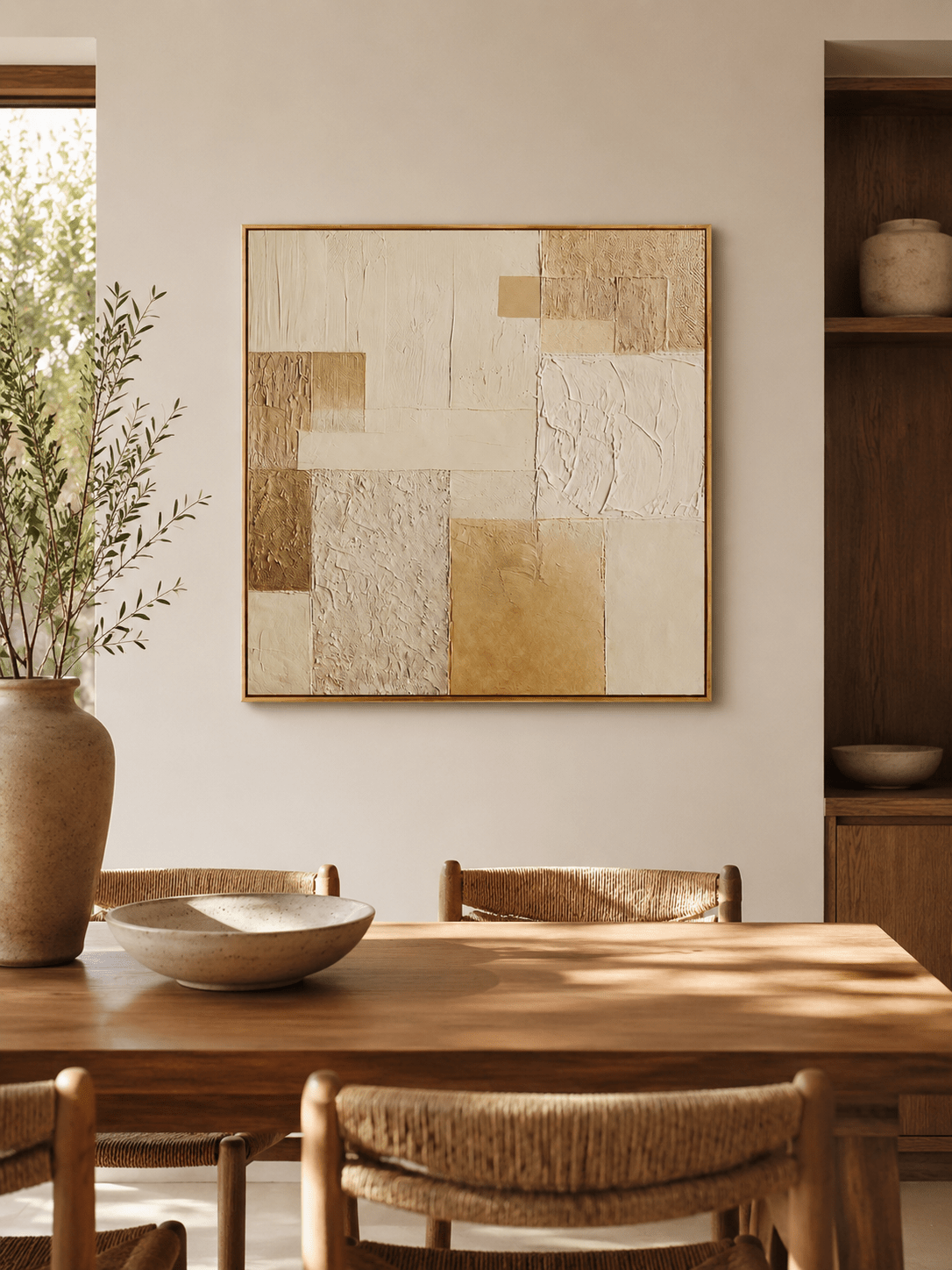 Large beige geometric textured wall art displayed in an organic modern open dining room with wood and stone furniture