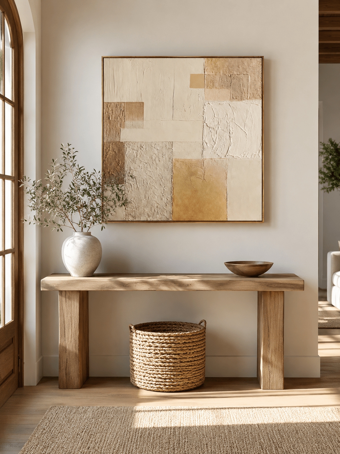 Square neutral wabi-sabi wall art in ivory and warm beige displayed above an entryway console
