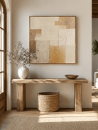 Square neutral wabi-sabi wall art in ivory and warm beige displayed above an entryway console