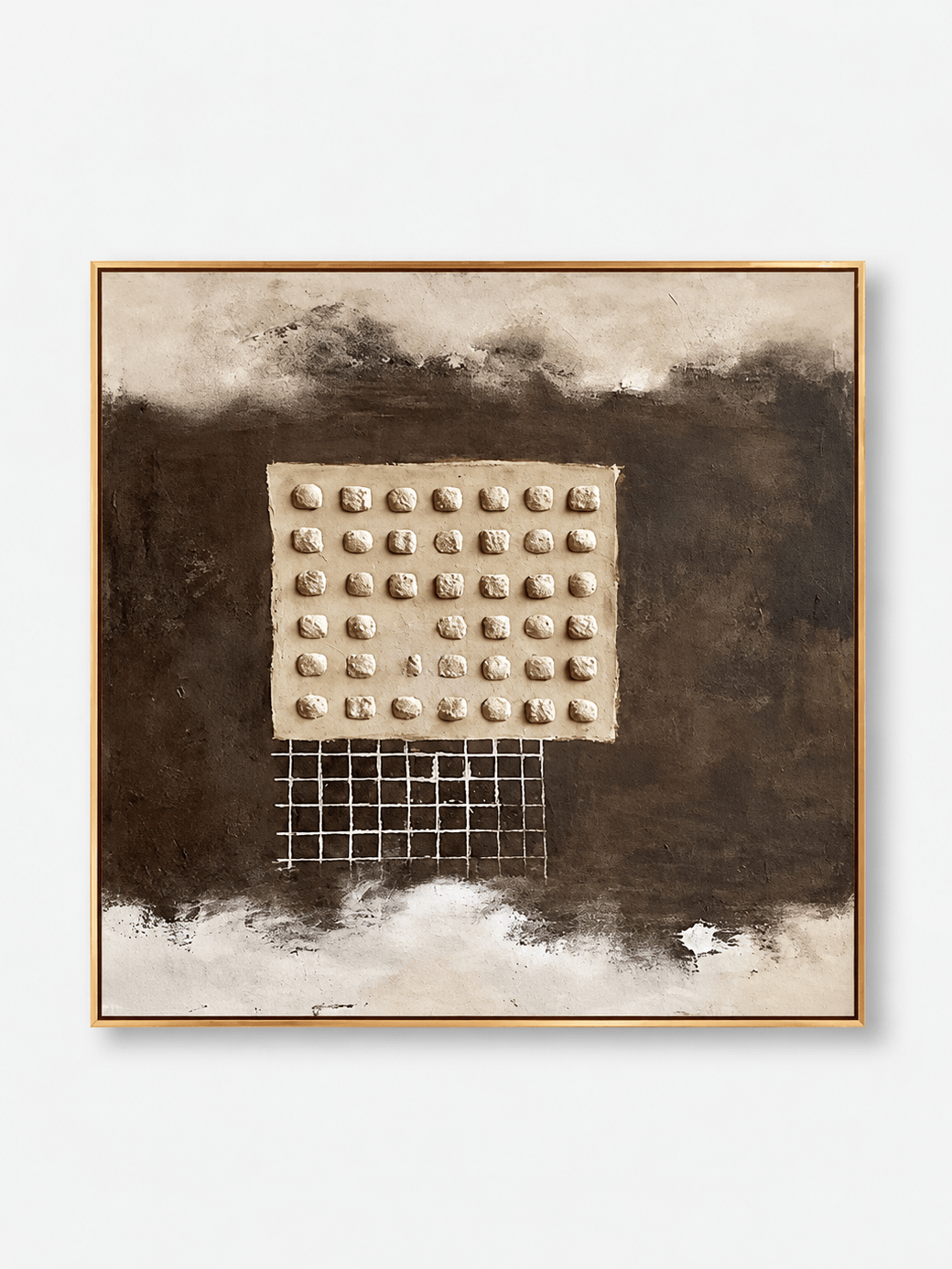 Hand-painted brown textured geometric wall art with deep umber background and sculptural ivory relief by Eliot Vermeer